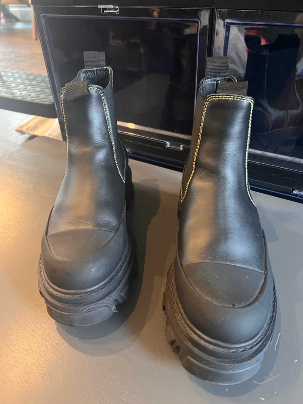 Ganni Black Chunky Sole Chelsea Boots with Yellow Stitching